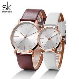 Shengke Women Dress Watches Luxury Lovers Couple Watches Men Date Waterproof Women Leather strap Quartz Wristwatch Montre Homme