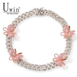 Uwin 12mm Cuban Pink Butterfly Necklace Rose Gold Chain CZ Necklace Bling Bling Hip Hop Jewellery For Men Women Gift