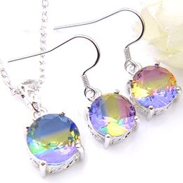 Luckyshine 925 Sterling Silver Necklace For Women Pendants Earrings Jewellery Set Xmas New Year Gift Set Round Rainbow Bi Coloured Tourmaline