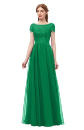 Green Lace Chiffon Modest Bridesmaid Dresses With Short Sleeves A-line Floor Length Country Western Modest Maids of Honor Dress