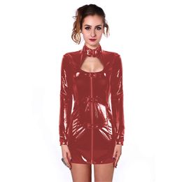 Choker Neck Nightclub Mini Dress Women Wetlook PVC Bodycon Dress Novelty Buckle Belts Clubwear Shiny Zipper Long Sleeve Catsuit