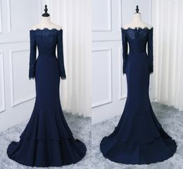 Navy Blue Mermaid Formal Dresses With Off The Shoulder Long Sleeve 2019 Lace Two Layers Skirt Prom Dresses Evening Dress Special Occasion