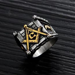 Wholesale- Black Titanium Stainless Steel Men Rings Hip Hop Free Mason Punk Retro Silver Color Rock Male Ring COOL Jewelry