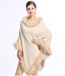 Autumn Winter Europe Women's Knitted Cloak Cape Faux Fur Collar Loose Tops Knitwear Ponchos Lady's Pullovers Knitwear Poncho C3903