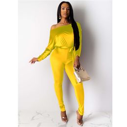 New Fall winter Women fleece Jumpsuits fashion one shoulder Rompers Beautiful stretchy bodysuits Casual long sleeve solid Colour Overalls 2226