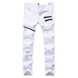Men Casual jeans Fashional Denim Pants Knee Holes Panelled Zipped hiphop pants Washed Middle Waist high quality Long Pants