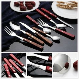 Natural dinnerware sets wooden handle 304 stainless steel flatware sets fork knife teaspoon spoon kitchen bar utensil kitchen supplies