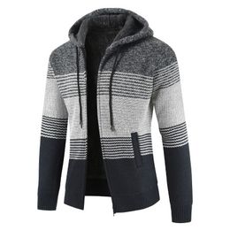 Patchwork Color Mens Knit Cardigans Silm Hooded Jackets 4 Colors Long Sleeve Fleeced Sweaters for Men's Outerwear Fashion Coats Size M-3XL