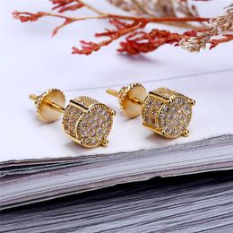 Yellow Gold Color Hip Hop Iced Out Cubic Zircon Round Stud Earrings for Men Women Nice Gift for Party