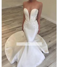 V neck Elegant Satin Mermaid Wedding Dresses backless with button 2019 Vestido De Noiva Trouwjurk Trumpet Wedding Bride Dress Wedding Gowns