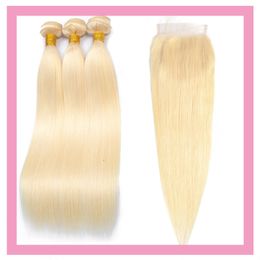 Peruvian Virgin Hair Blonde 613# Silky Straight 4PCS One Lot Human Hair Wefts With 4X4 Lace Closure Free Middle Three Part Straight Blonde