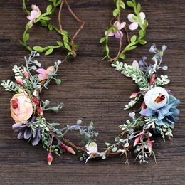 Pink Blue Flower Hair Jewellery Artificial Flower Tiara Hairband Bridal Summer Wreath Leaves Garland Hair Accessories For Women Vl