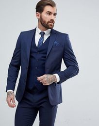 New Side Slit Two Button Navy Blue Wedding Groom Tuxedos Notch Lapel Groomsmen Mens Business Party Suits (Jacket+Pants+Vest+Tie) 580