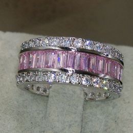 Wholesale- Wieck Luxury Jewellery Full Princess Cut Pink Sapphire 925 Sterling Silver Simulated Diamond Gemstones Wedding Band Ring Size 5-11