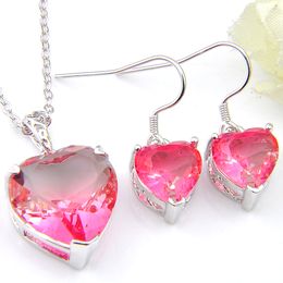 LuckyShine 5 Sets Bridal Sets Heart Watermelon Tourmaline 925 Silver Pendants Necklaces Earrings Jewellery Sets