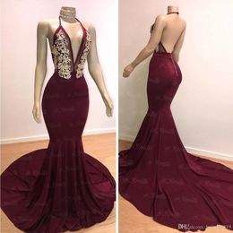 New Sexy Burgundy Mermaid Formal Prom Dresses Deep V Neck Halter Neck Crystal Beaded Open Back Pageant Dress Sweep Train Evening Dress