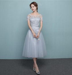 Silver Tea-length Bridesmaid Dresses Scoop Short Sleeves Empire Waist Maid of Honour With Applique Honour Bridal Gowns
