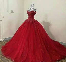 2019 sparkly Red 3d Lace Appliqued Quinceanera Dresses off the shoulder Sweet 16 Ball Gowns Tulle Prom Dress Quinceanera Gowns lace up back