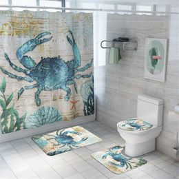 Ocean Theme Bathroom Set Non-Slip Rug Toilet Lid Cover Bath Mats Shower Curtain Waterproof 3D Animal Shower Curtains