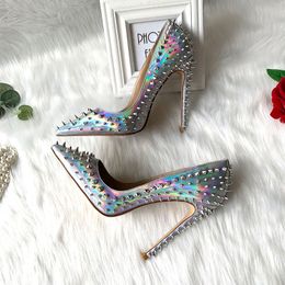 Casual Designer sexy lady fashion Women Shoes silver patent leather spikes pointy toe stiletto stripper High heels Prom Evening pumps large size 44 12cm