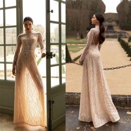 Glitter Wedding Dresses High-neck Long Sleeve Appliqued Lace Baeded Bridal Gown Sexy Backless Sweep Train Custom Made Robes De Mariée