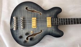 4 Strings Charcoal Black Burst Flame Maple Top Jazz Semi Hollow Body Electric Bass Guitar Double F Hole, Dot Inlay, Gold Hardware