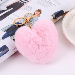 Heart Ball Pom Pom Keychain Fluffy Faux Rabbit Fur Pompom Key Chains Women Bag pendant Jewellery Key Chains Party Favour RRA2828-7