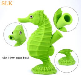 Cool seahorse silicone bubbler pipes unbreakable water bongs 10 Colours for choose silicone smoking pipes with 14mm glass bowl screens