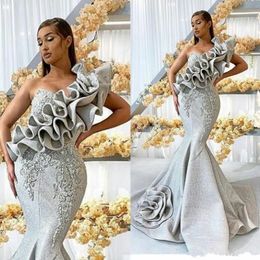 New Silver One Shoulder Evening Dresses Long Lace Appliqued Mermaid Prom Dress Luxury Beaded Ruffles Formal Party Gowns