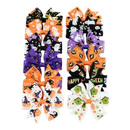 Cute 3 inch Baby Halloween Grosgrain Ribbon Bows WITH Clip Girls Kids Ghost Pumpkin Print Pinwheel Hair Clips