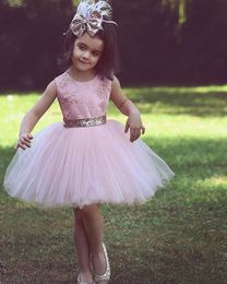 2022 Pink Short Princess Flower Girls Dresses Jewel Neck Lace Appliques Sash Bow Sequins Sleeveless Puffy Birthday Dresses First Communion Girls Pageant Gowns