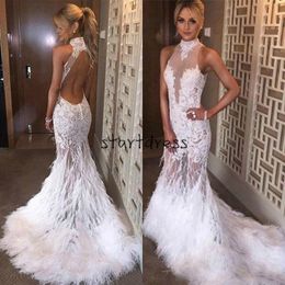 Elegant White See Through Feathers Prom Dresses Mermaid High Neck Latest Open Back Lace Appliques Formal Evening Special Occasion Dresses