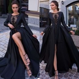 Designer Black Lace Prom Dresses With Jacket Bateau Neck Long Sleeves Evening Gowns Floor Length Plus Size Satin Formal Dress 407