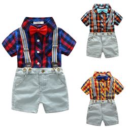 Baby boys Lattice outfits children Plaid Shirt top+strap+shorts 3pcs/set 2019 summer Boutique kids Gentleman Clothing Sets C6338