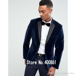 New Arrivals Two Button Dark blue Velvet Groom Tuxedos Notch Lapel Groomsmen Best Man Blazer Mens Wedding Suits (Jacket+Pants+Tie) D:79