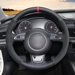 Black Genuine Leather Hand Sew Wrap Car Steering Wheel Cover for Audi A3 A4 A5 A6 A7 Allroad RS 7 2014-2015 S6 S7 2013