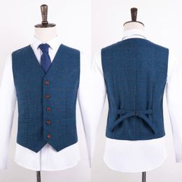2019 Blue One Breasted Wedding Brown Wool Argyle Tweed Vests Groom's Suit Vest Slim Fit Tailor Wedding Vest Men