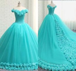 Gorgeous Hand Made Flowers Wedding Dresses Ball Gown Plus Size Off Shoulder Aqua Blue Tulle 3D Flowers Lace-up Party Dress For Girls