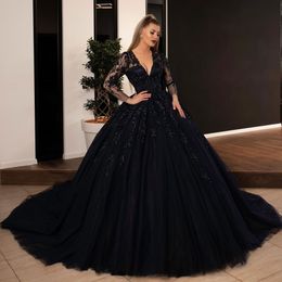 Gorgeous Black Lace Ball Gown Wedding Dresses Sheer Plunging Neck Beaded Bridal Gowns With Long Sleeves Plus Size Tulle Vestidos De Novia