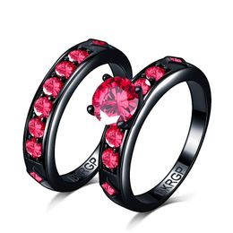 Hot Sale Shiny Red Ring Red Garnet Women Charming wedding Jewellery Black Gold Filled couple Ring set Bijoux Femme male