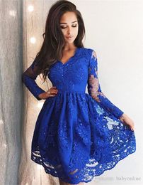 Elegant Royal Blue A Line Homecoming Dresses Long Sleeve Lace V Neck Appliqued Sequined Knee Length Cocktail Party Dress Short Prom Dress