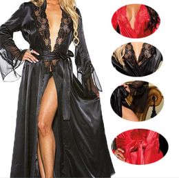 Wholesale- Free SHipping Sexy Lingerie Satin Lace Kimono Intimate Sleepwear Robe Sexy Night long Gown women sexy underwear 5 Colors