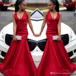 Sexy Red Cheap Mermaid Prom Dresses New Simple Satin V-Neck Black Girls Backless Sweep Train Formal Evening Wear Gowns Vestidos De Fiesta