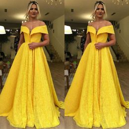 Yellow Elegant Prom Dresses Off Shoulder Short Sleeves Fashion Design Custom Made Lace Evening Dresses A Line Floor Length Girl Pageant Gown