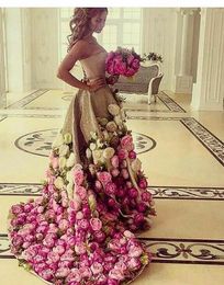 Saudi Arabia Strapless Evening Gowns Gold Sequins Hand Made 3D Flowers A Line Prom Dresses Arabic vestidos de gala