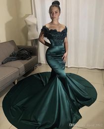 Gorgeous Dark Green Lace Applique Mermaid Prom Dresses Off Shoulder Court Train Party Dresses Robe De Soiree Beaded Formal Evening Gowns