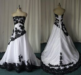 Strapless White Satin Wedding Dresses with Black Lace Trim Long Non-tradition Wedding Gowns Plus Size