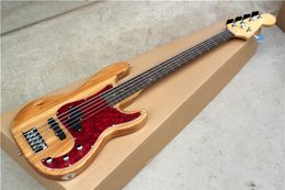 Factory Custom Natural Wood Colour 5-string Electric Bass Guitar with Red Pearl Pickguard,Chrome Hardwares,Offer Customised