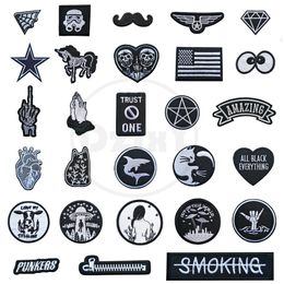 (46 Styles) 1 PCS Black and White accessory Patches for Clothes Iron on Finger Appliques DIY Skull Stripes Embroidery Sticker Round Badges