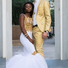 2019 New Sexy Mermaid White and Gold African Prom Dresses With Tulle Puffy Skirt Spaghetti Straps Lace Corset Arabic Party Gowns